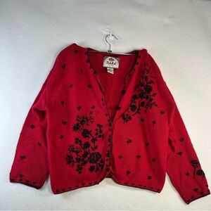 Vintage Tiara Red Knit Cardigan with Black Embroidery and Beading